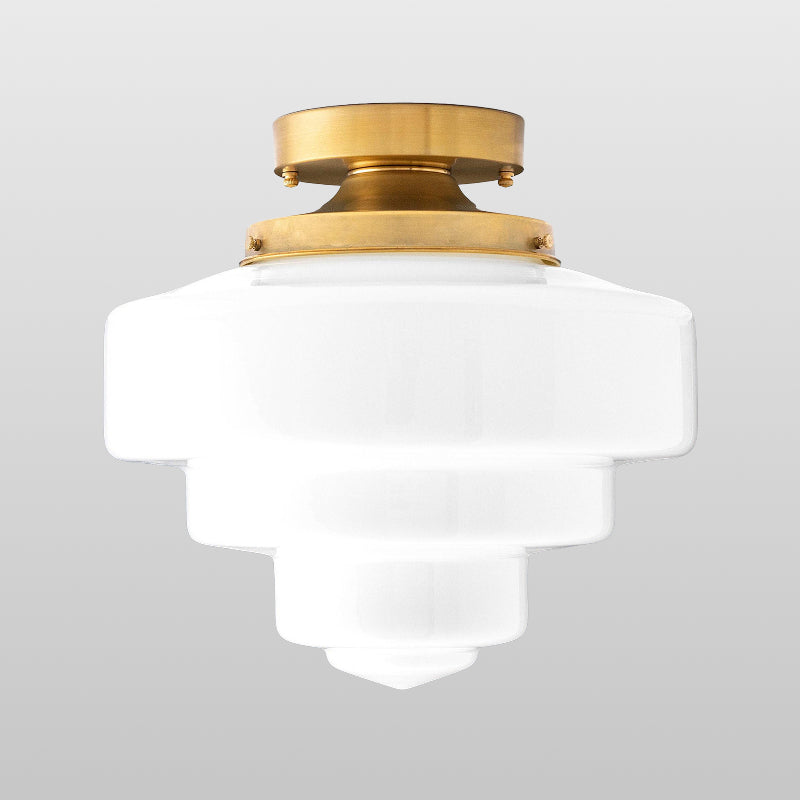 Geotower Glass Brass Ceiling Lamp – Handblown Opal Glass Globe Light