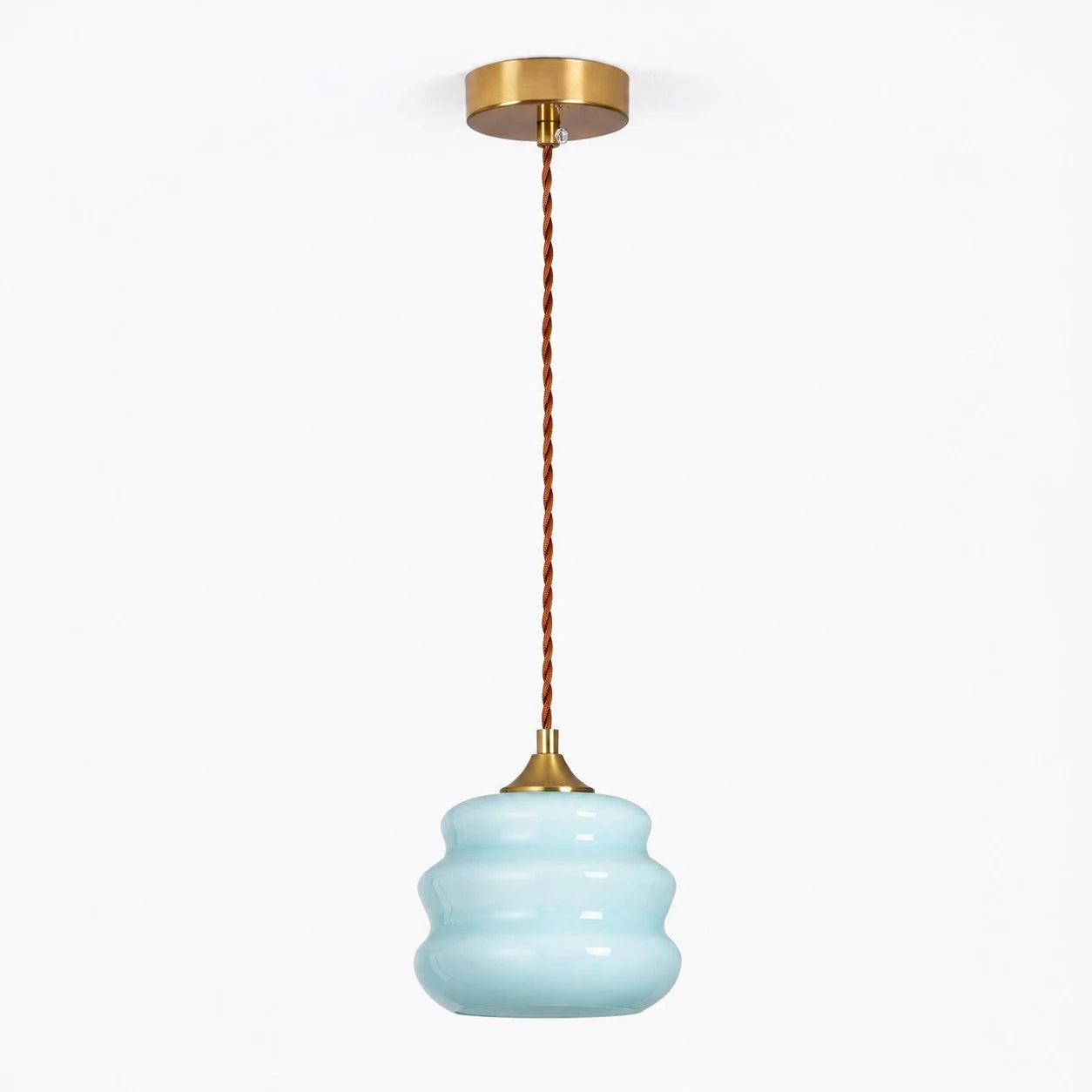 Blue ribbed glass pendant light full view