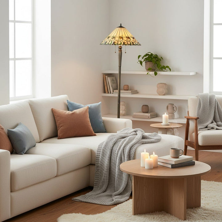 TF Jamelia Stained Glass Floor Lamp - Jewel-toned Mosaic Shade Decorative Floor Lamp Metal Column Finish Ideal for Reading Nook