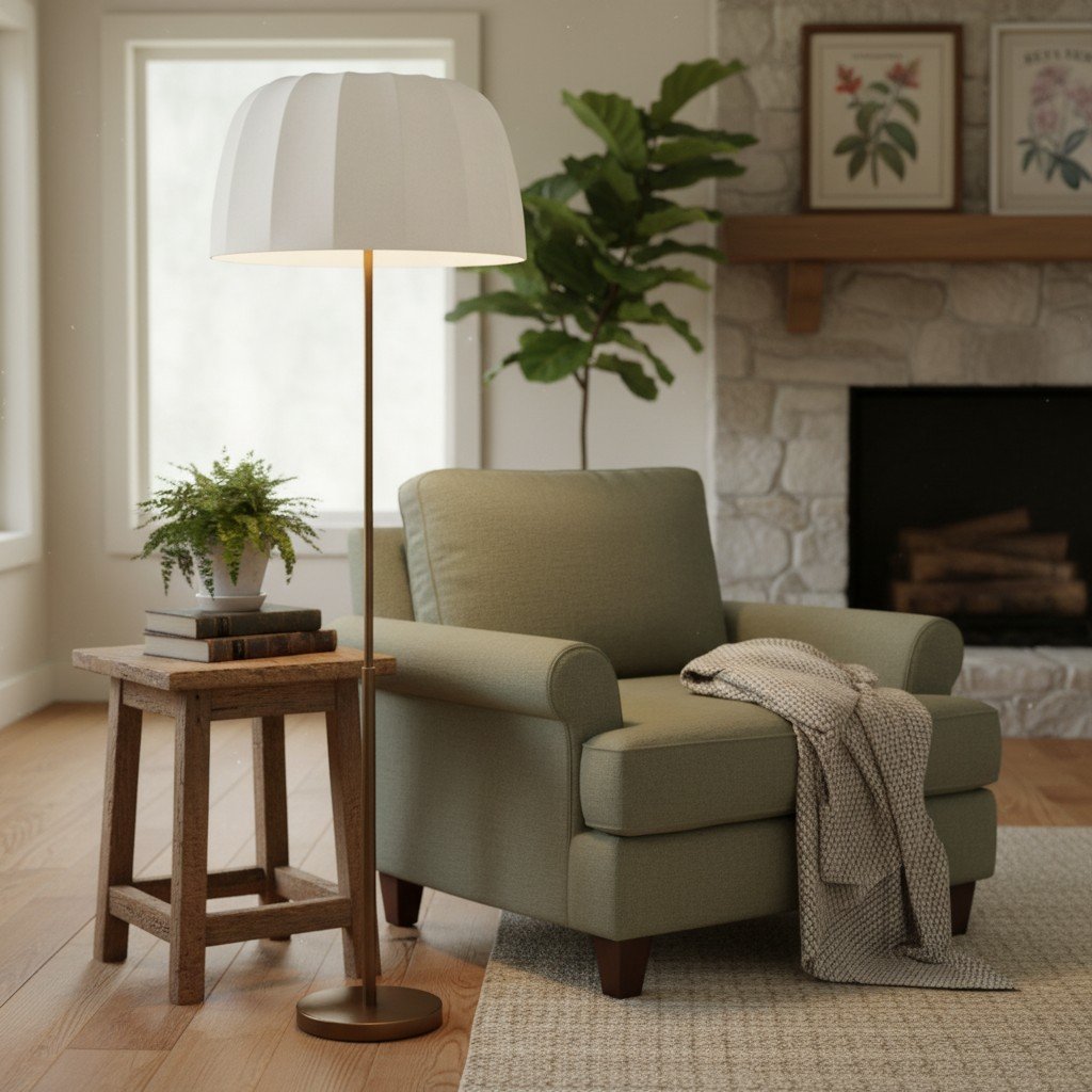 Vellaro Brass Floor Lamp with Fabric Shade – Modern Standing Light for Living Room or Bedroom