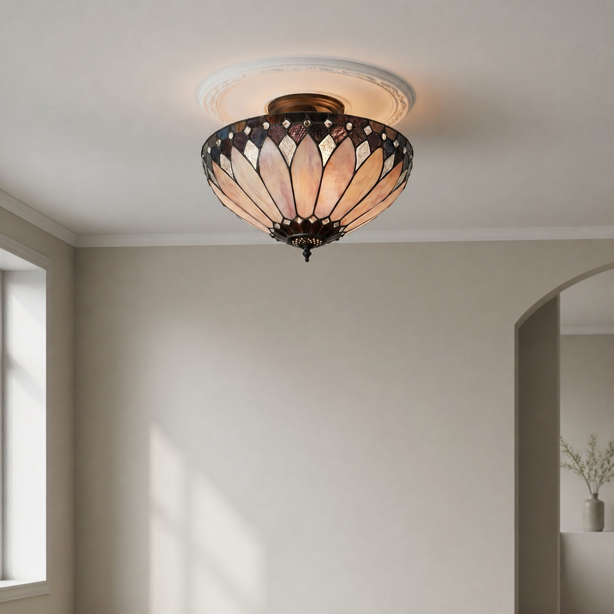 TF Brooklyn Tiffany Semi-flush Ceiling Light - Geometric Glass Shade for Hallways or Living Rooms