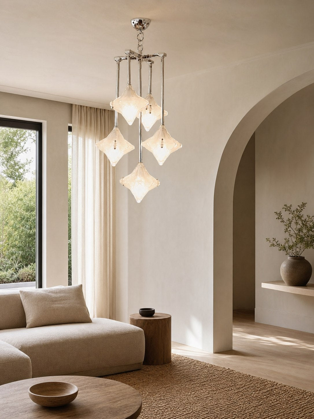 Art Deco Astris Star Chandelier – Frosted Glass Deco Fixture for Dining Room