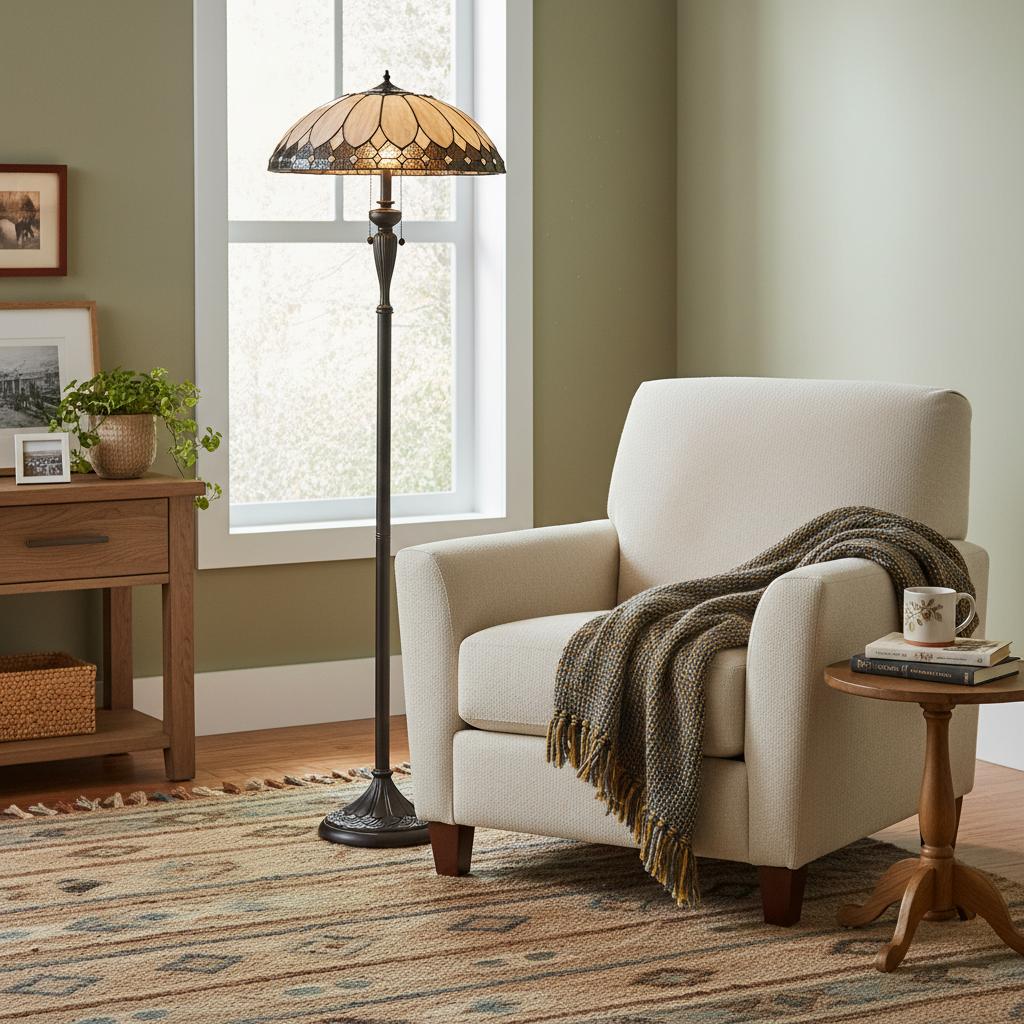 TF Brooklyn Geometric Art Deco Tiffany Floor Lamp –  Stained Glass Shade and Satin Black Base for Living Room