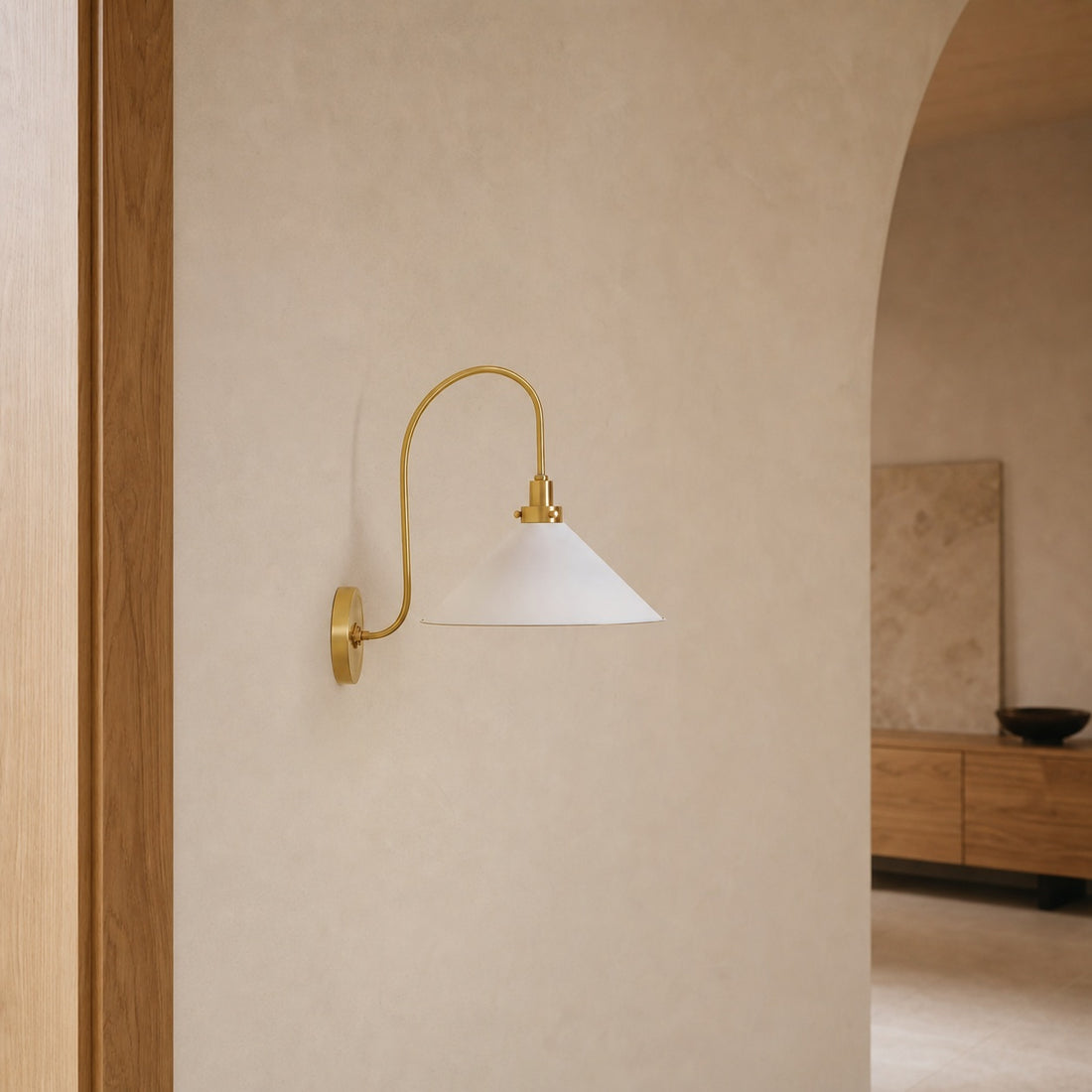 Ivoran Brass Gooseneck Wall Sconce - Curved Arm Dome Shade Light for Bedroom and Hallway