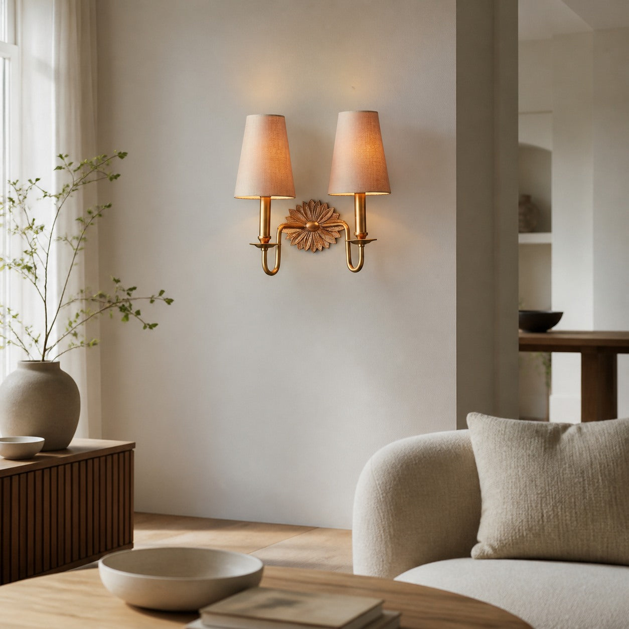 Duova Double Sconce – Antique Brass Metal and Linen Shades for Bedroom or Study