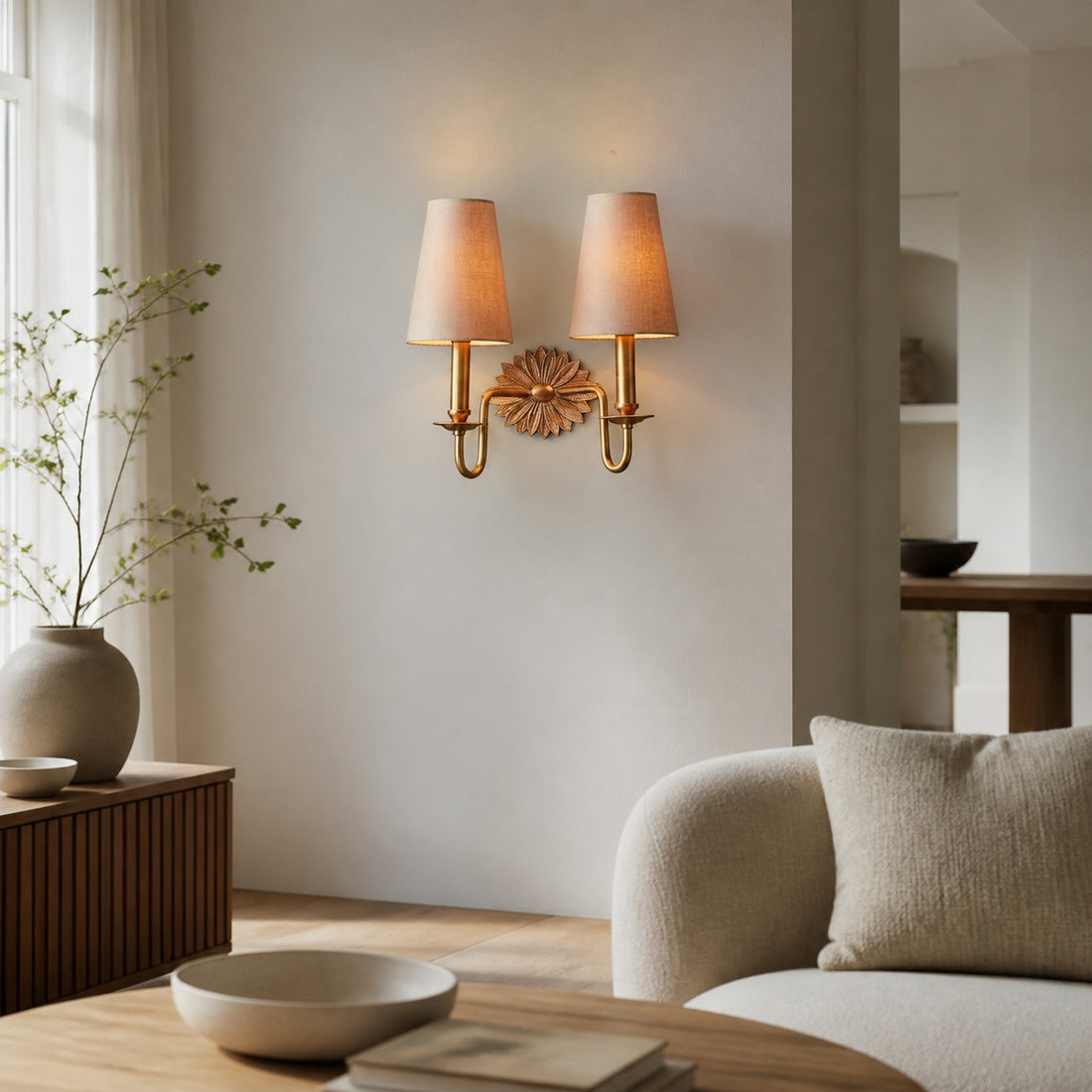 Duova Double Sconce – Antique Brass Metal and Linen Shades for Bedroom or Study