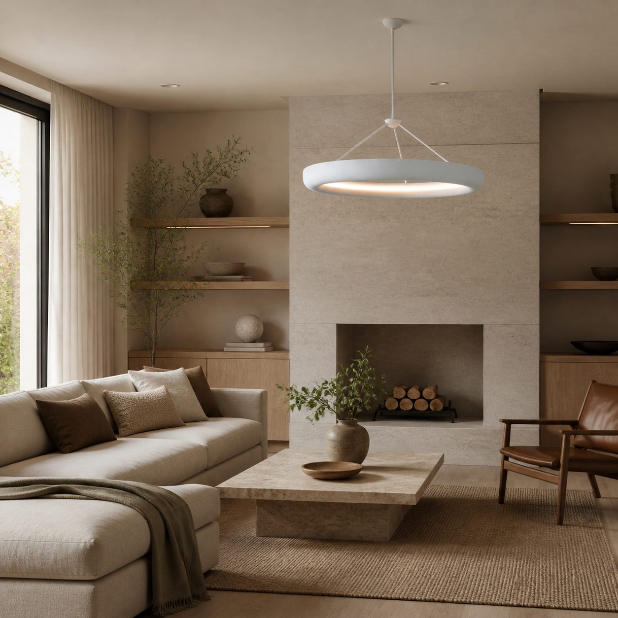 Plara Plaster-Texture Halo Chandelier – Modern Ring Ceiling Lamp for Living & Dining