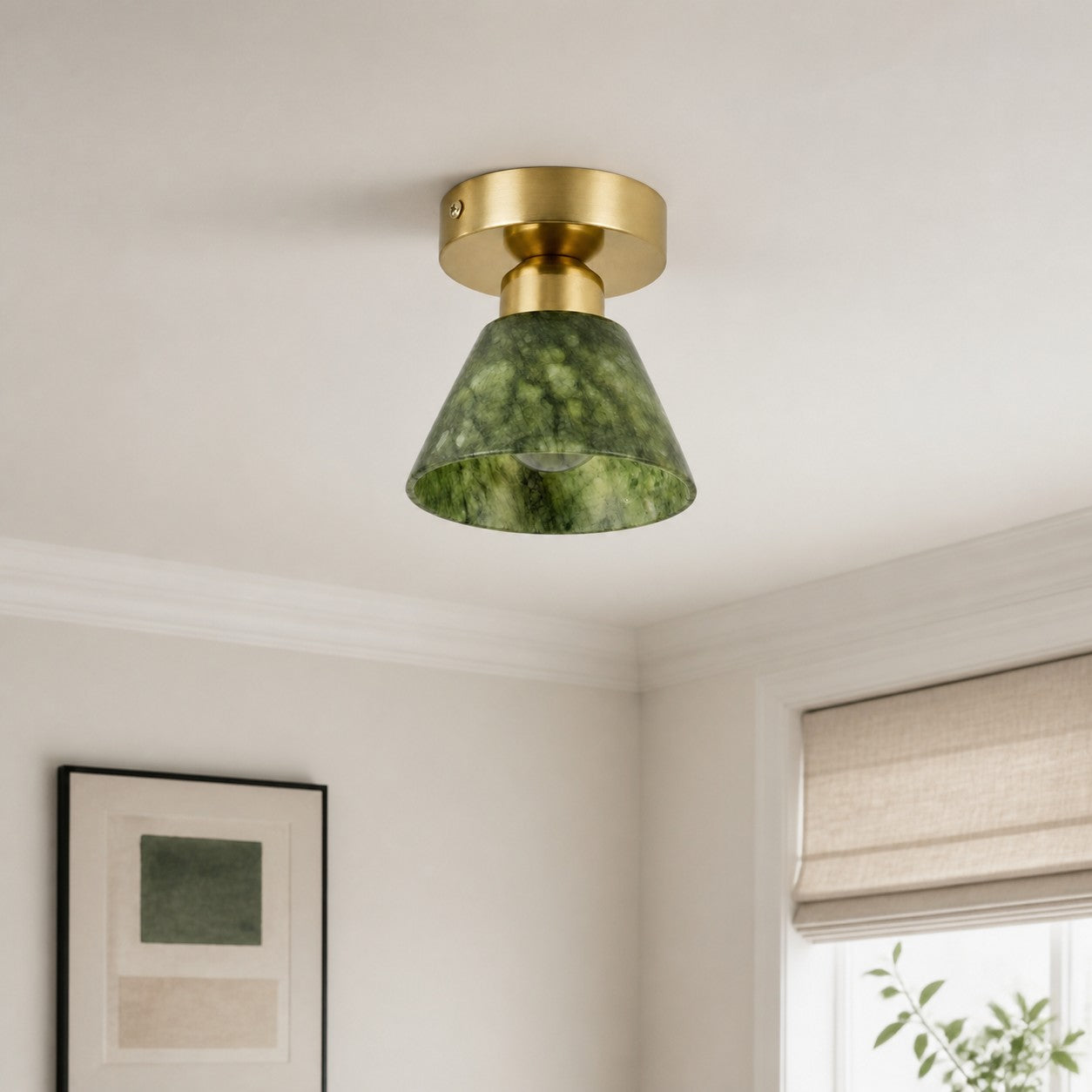 Green Jade and Brushed Brass Flush Mount Ceiling Light