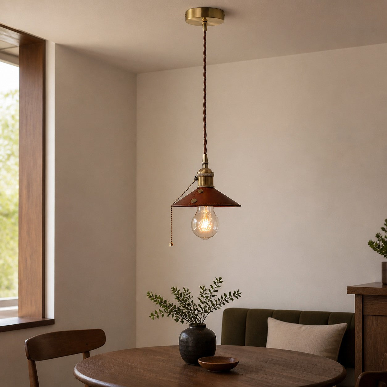 Brown leather pendant lamp above a dining table