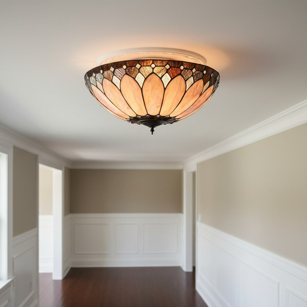 TF Brooklyn Tiffany Glass Flush Mount Ceiling Light - Art Deco Design for Hallway or Living Room