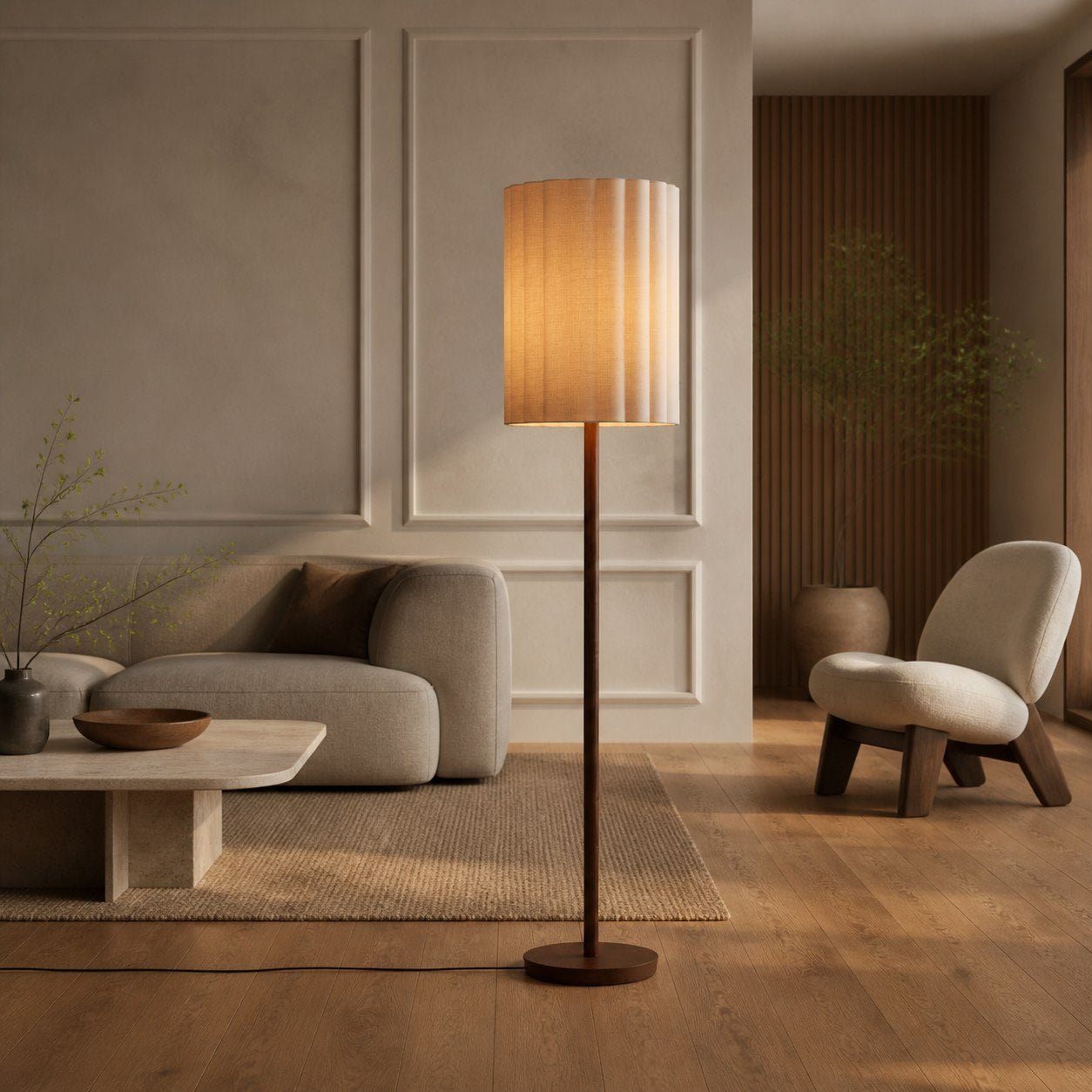 Linbron Walnut Wood Floor Lamp with Fluted Linen Shade – Modern Natural Home Decor