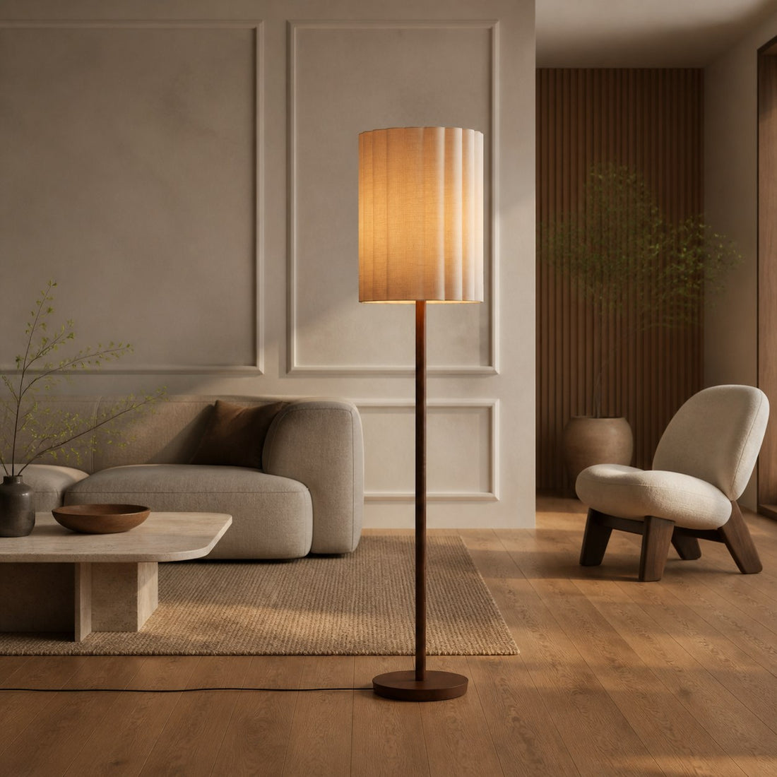 Linbron Walnut Wood Floor Lamp with Fluted Linen Shade – Modern Natural Home Decor