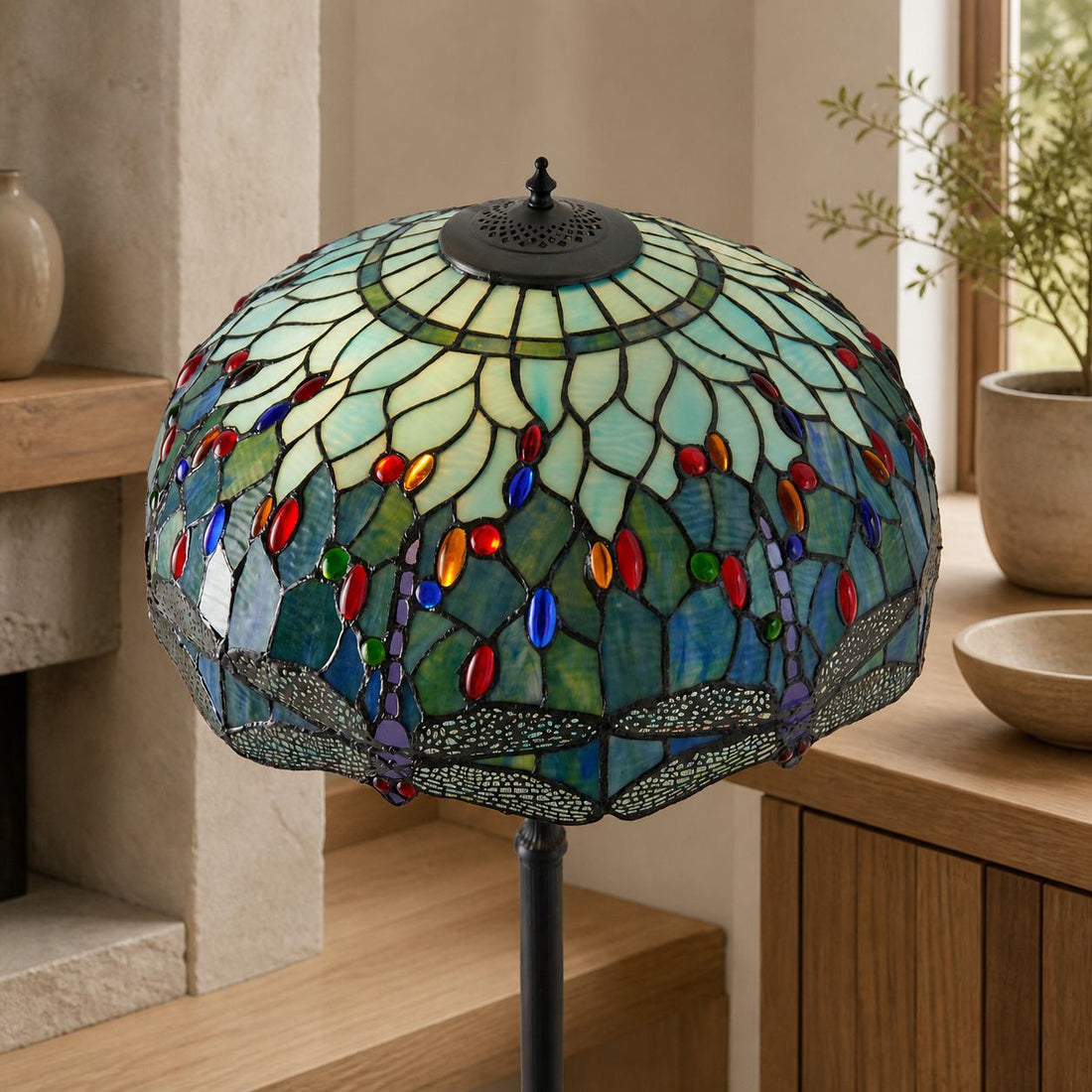 TF Dragonfly Motif Floor Lamp – Vintage Stained-Glass for Living Rooms