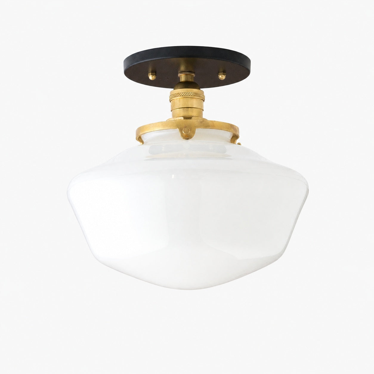 Geotower Glass Brass Ceiling Light - Opal Glass Schoolhouse Shade - Modern Elegance