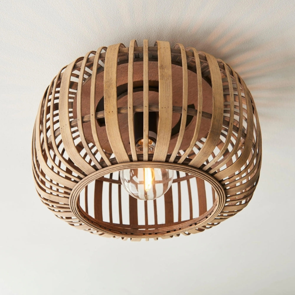 Yumeko Natural Bamboo Flush Ceiling Light - Organic Cage Design Sustainable for Living Room
