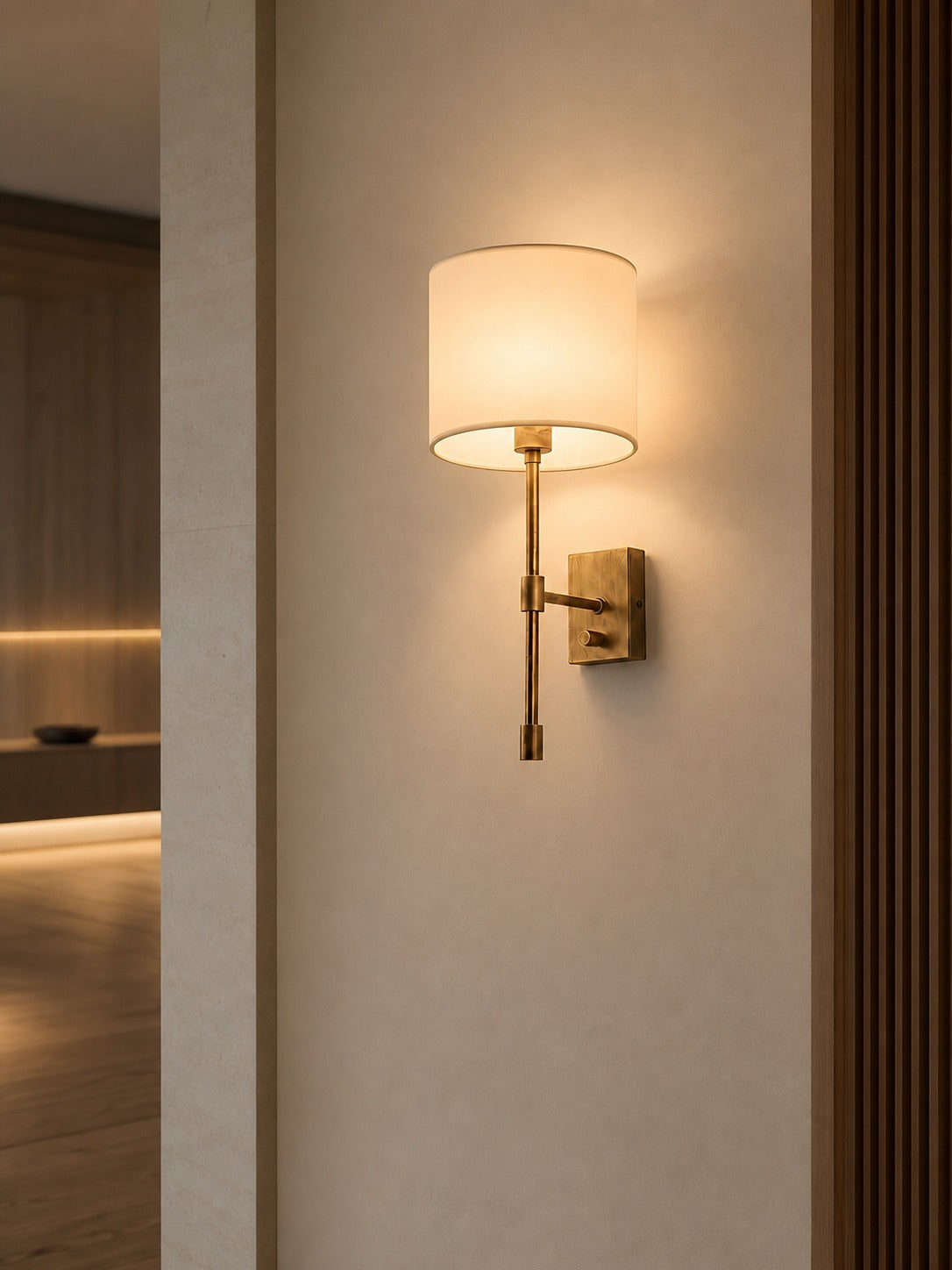 Atticus Fabric Shade Wall Sconce - Modern Brass Wall Light for Bedroom and Hallway