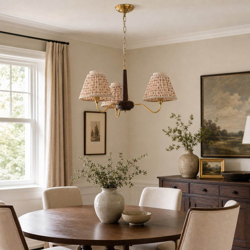 Solmire Rustic Chandelier - Wood and Metal Floral Fabric Shades for Living Room