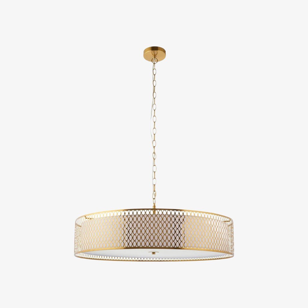 Liorin Geometric Pendant Lamp – Modern Fretwork Metal and Fabric Shade Pendant for Interiors