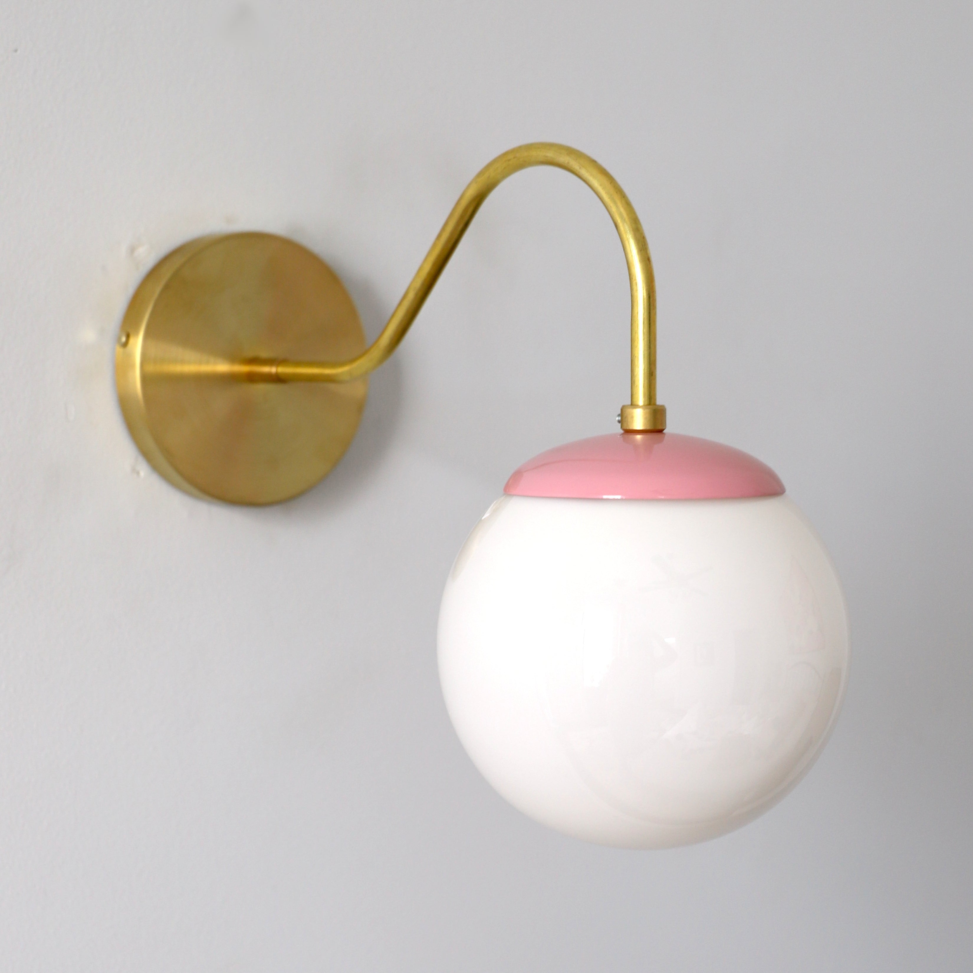 Brass Wall Lamp Sconce - Curved Arm with Handblown Frosted Glass
