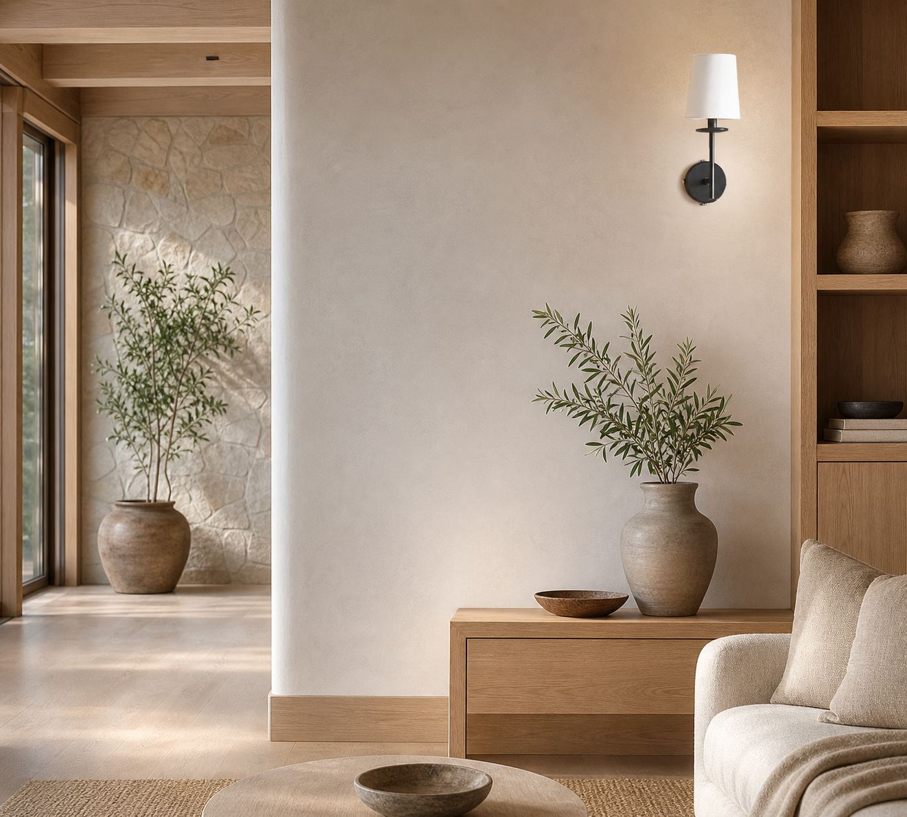 Rowan Bronze or Brass Wall Sconce - Iron Light with White Linen Shade for Home