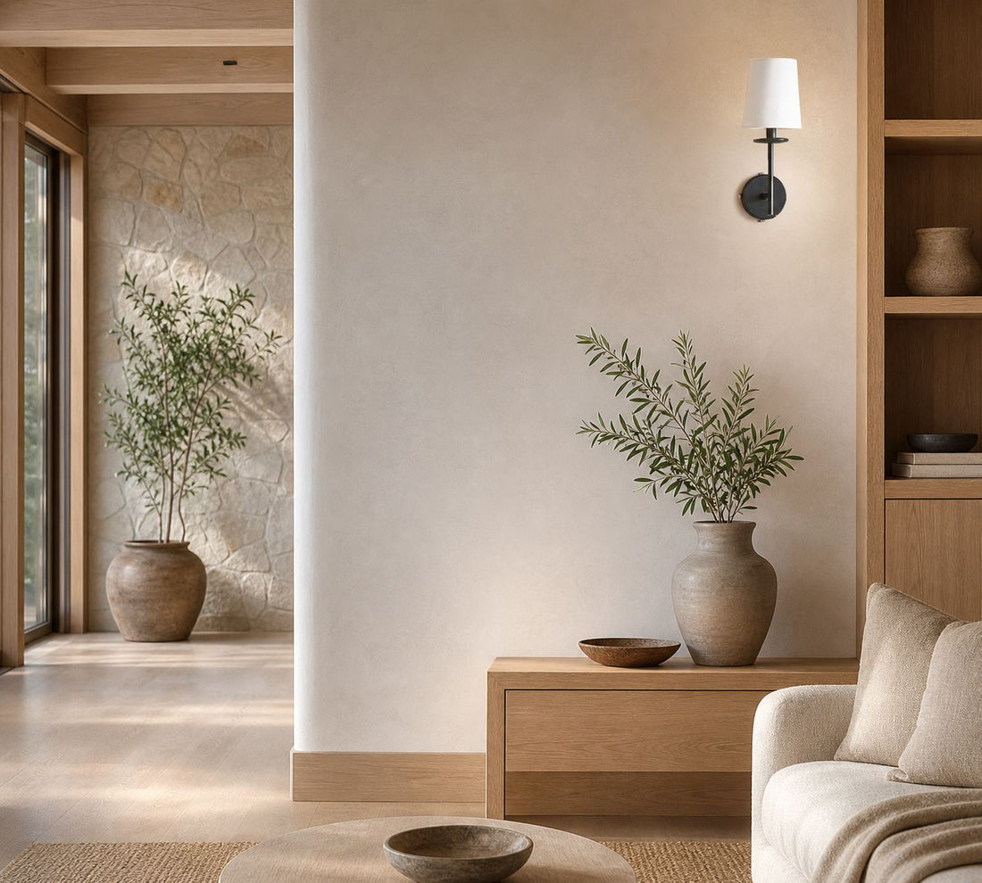 Rowan Bronze or Brass Wall Sconce - Iron Light with White Linen Shade for Home