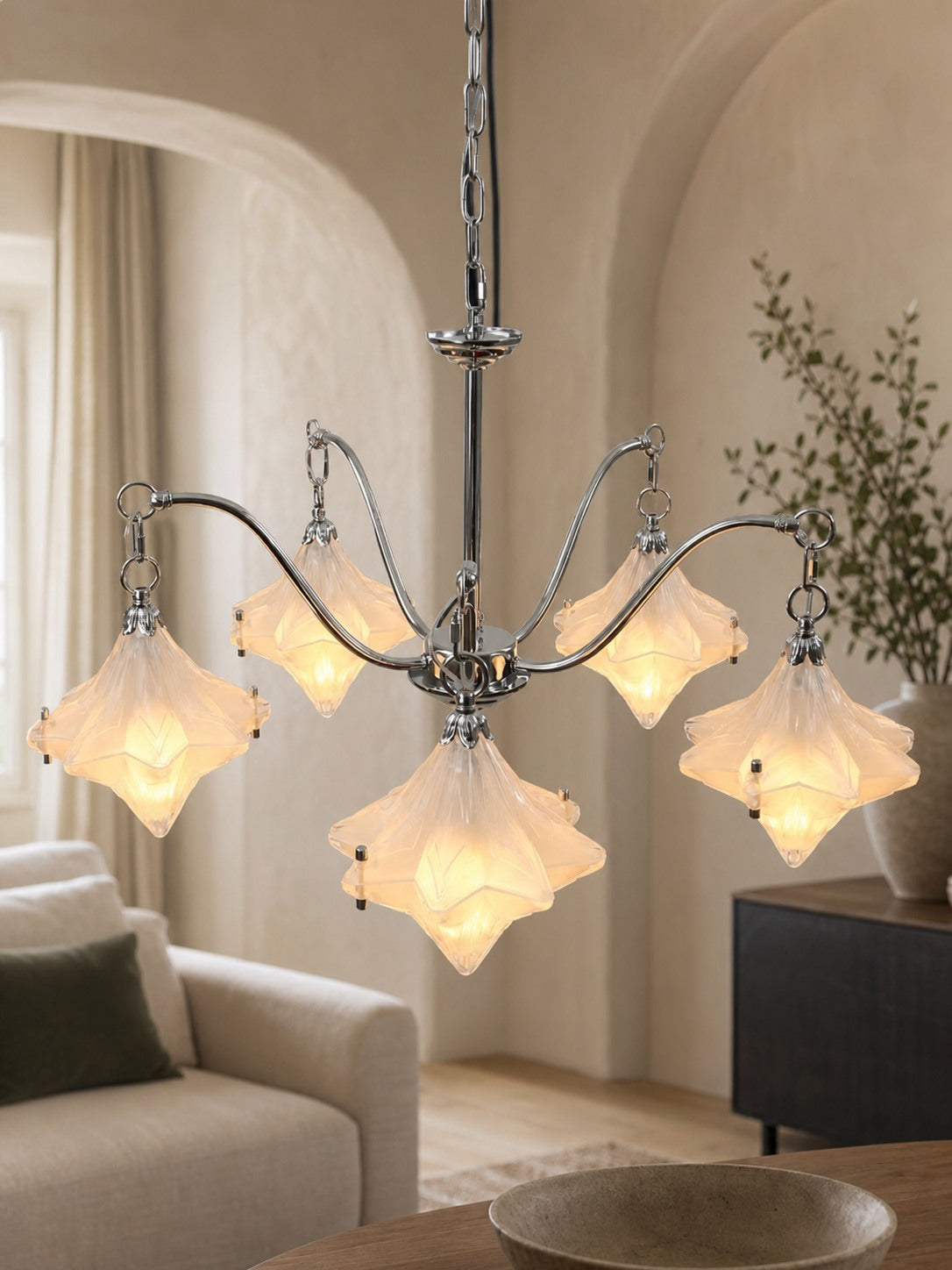Art Deco Astris Star Chandelier – Frosted Glass Deco Fixture for Dining Room