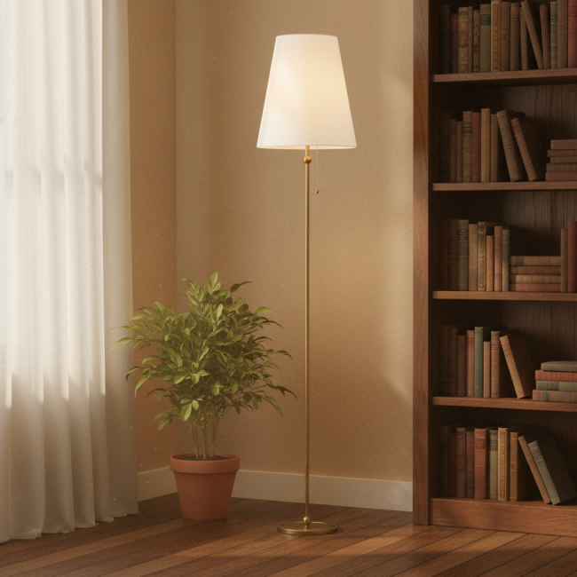 Serena Vintage Brass Floor Lamp - Iron Frame with Linen Drum Shade for Living Rooms and Reading Corners