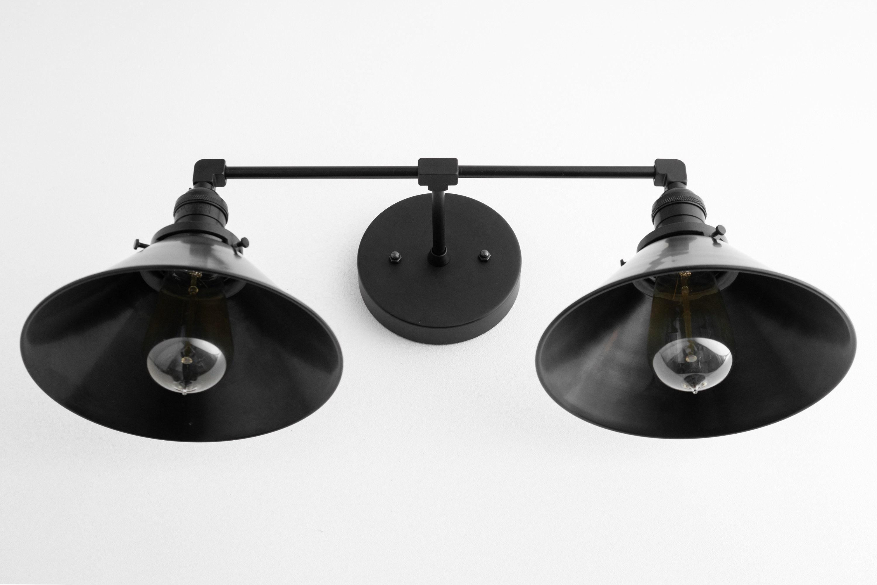 Conique Metal Dual Black Sconce with Cone Shades - Industrial Vanity Wall Light for Mirror