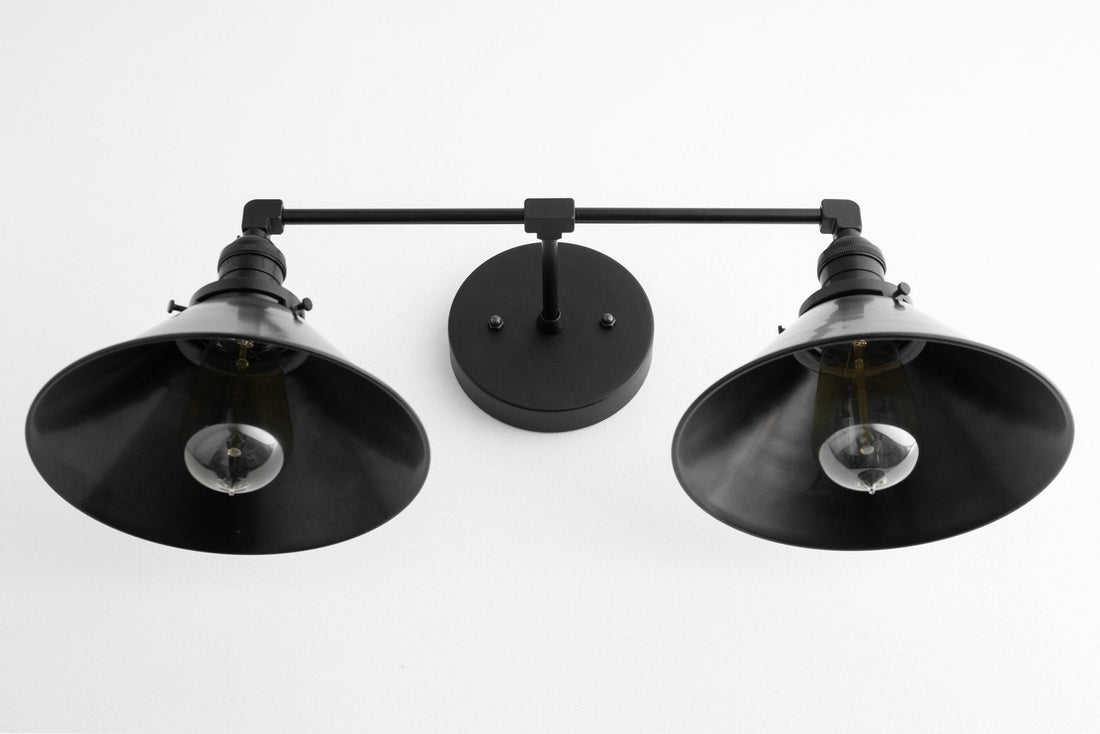 Conique Metal Dual Black Sconce with Cone Shades - Industrial Vanity Wall Light for Mirror