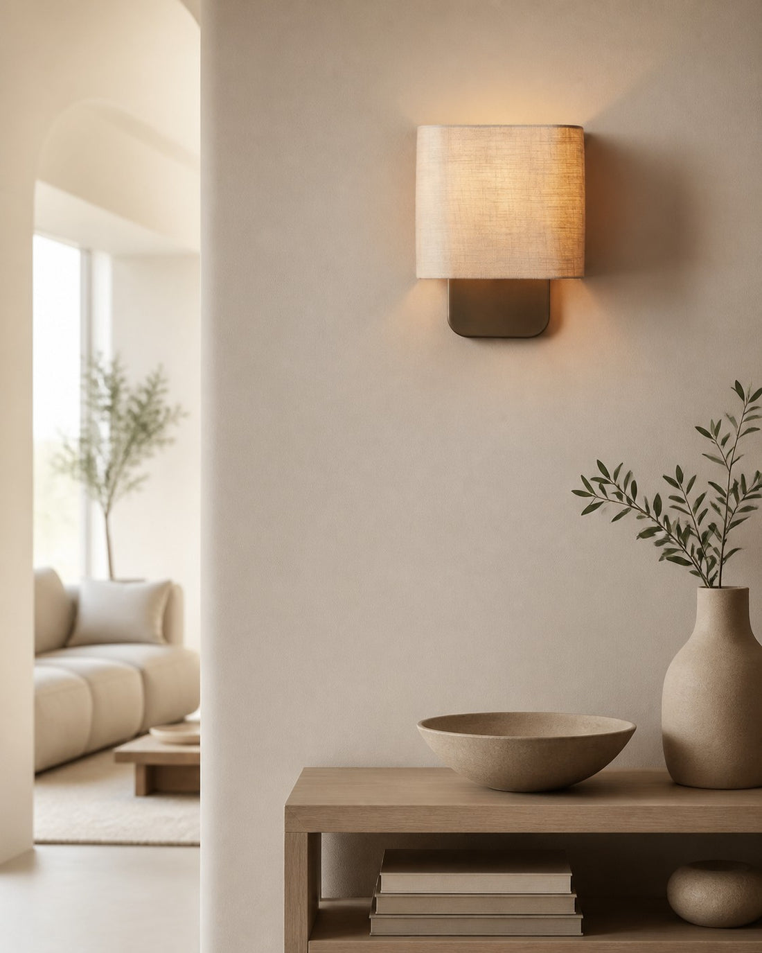 Nolvara Contemporary Fabric-Shade Wall Light – Minimalist Metal Fixture for Bedroom Hallway
