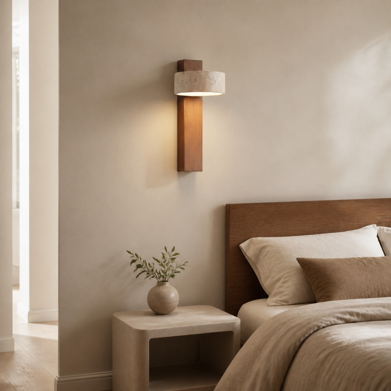 Waloria Contemporary Wall Lamp – Minimalist Wooden Fixture with Natural Stone Shade for Living Room N56