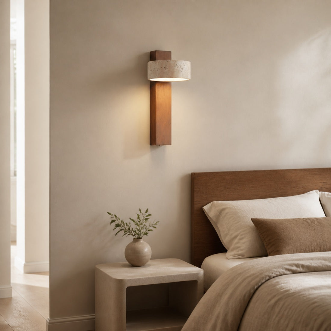 Waloria Contemporary Wall Lamp – Minimalist Wooden Fixture with Natural Stone Shade for Living Room N56