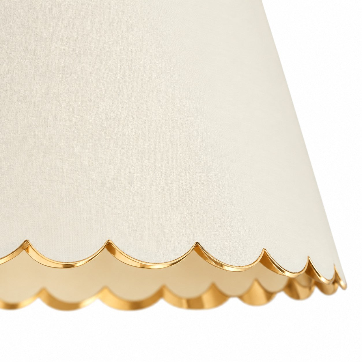 Close-up of the scalloped leather shade edge and brass trim