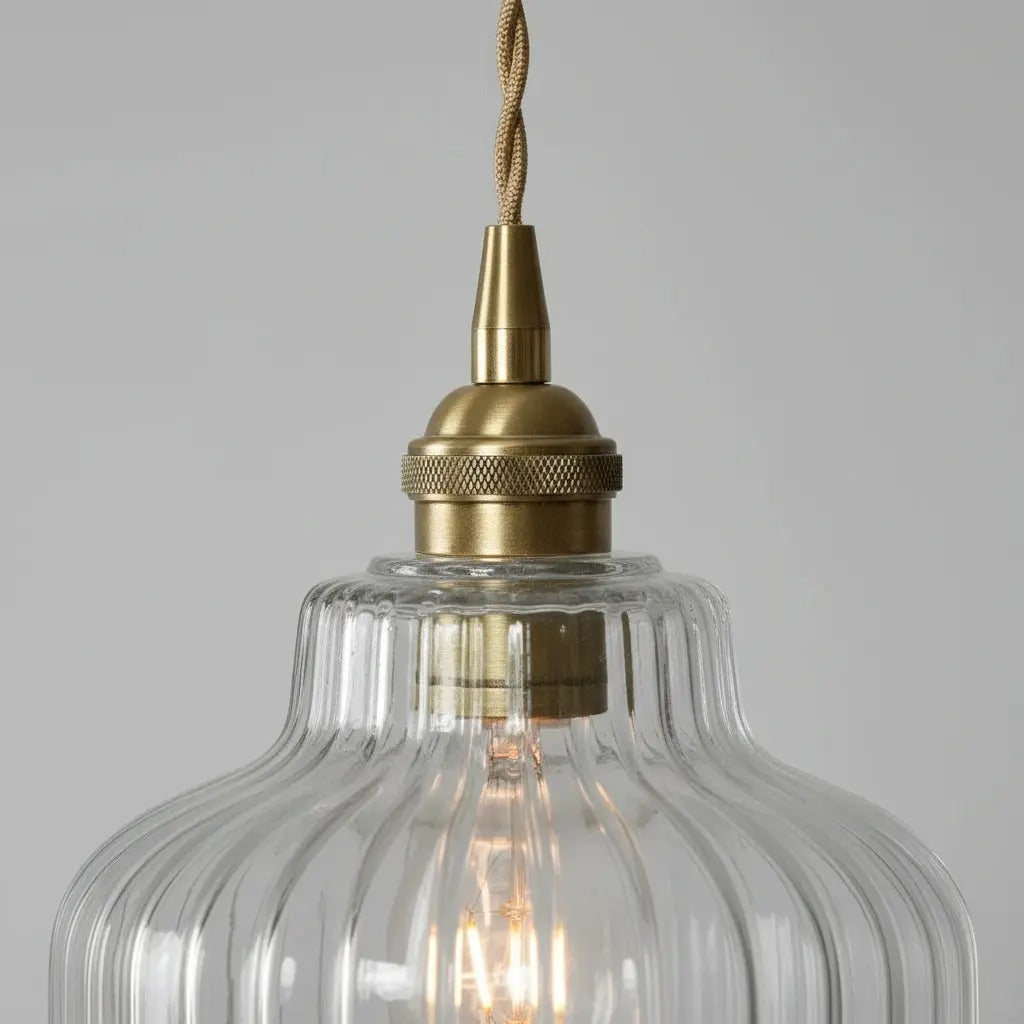 Gildon ribbed glass pendant, brass socket close-up