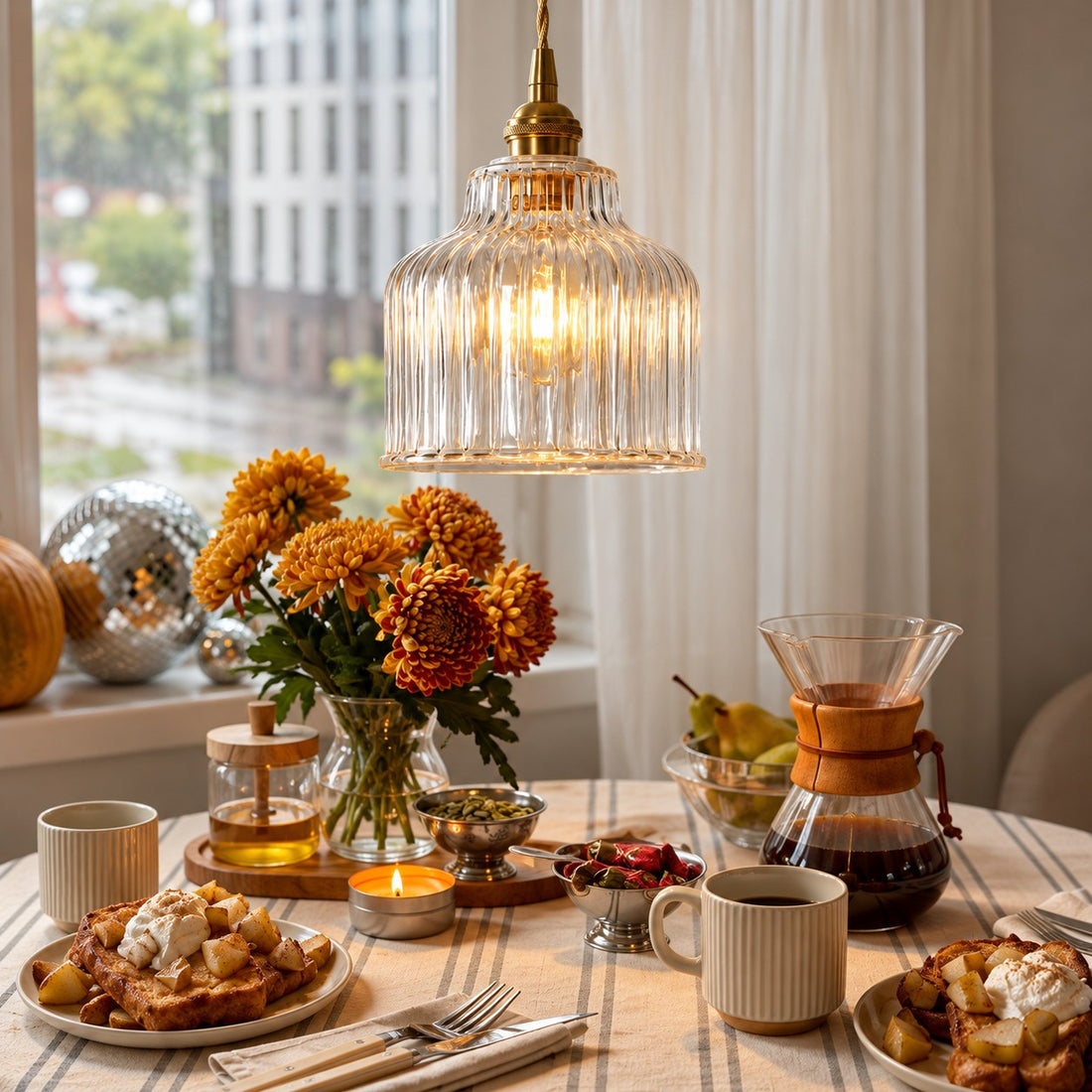 Gildon ribbed glass pendant styled over a breakfast table