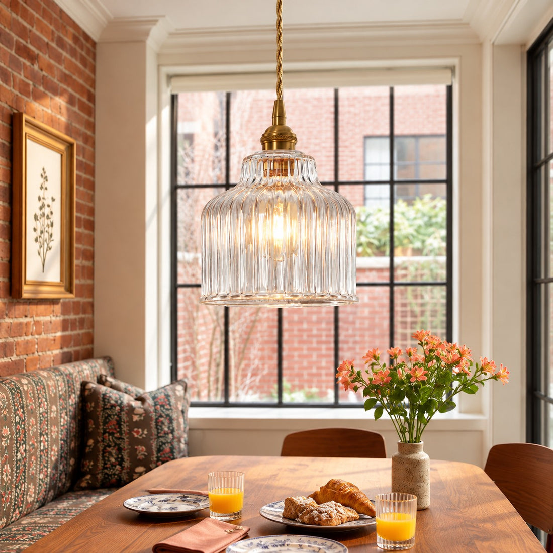 Gildon ribbed glass pendant styled by a brick wall