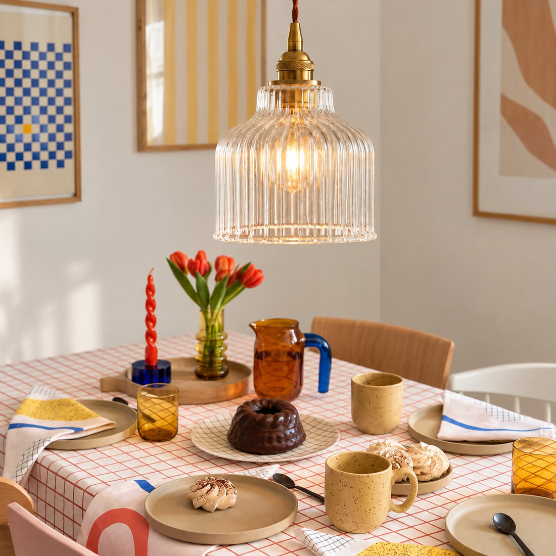 Gildon ribbed glass pendant styled over a checkered tablecloth