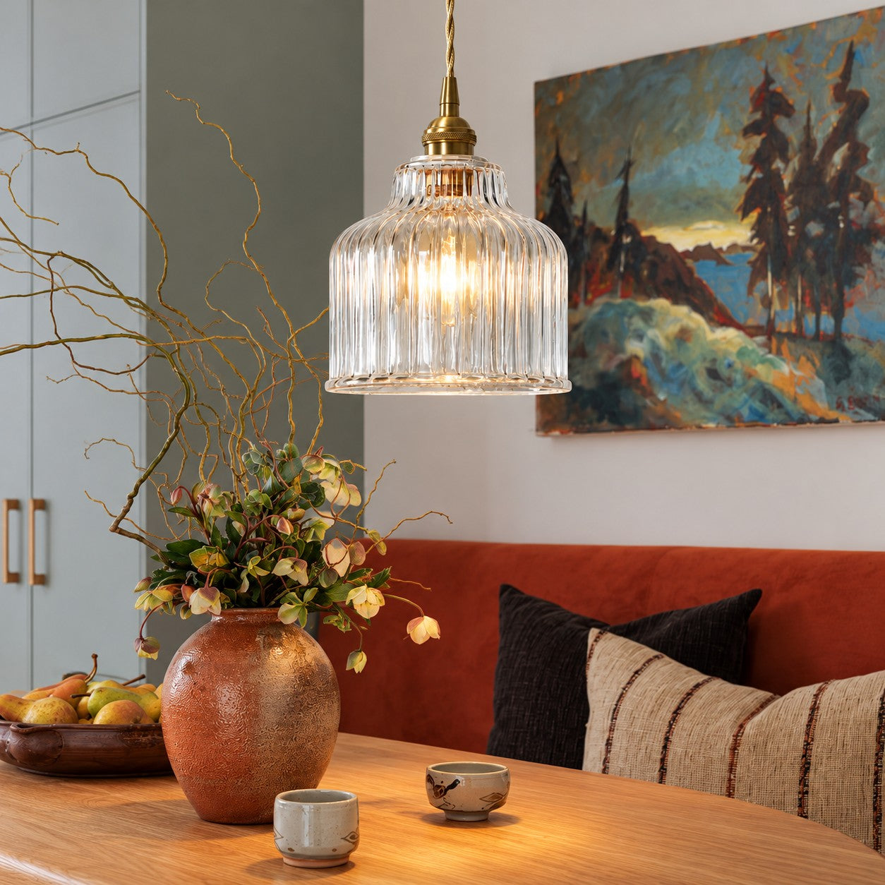 Gildon ribbed glass pendant styled above a dining table