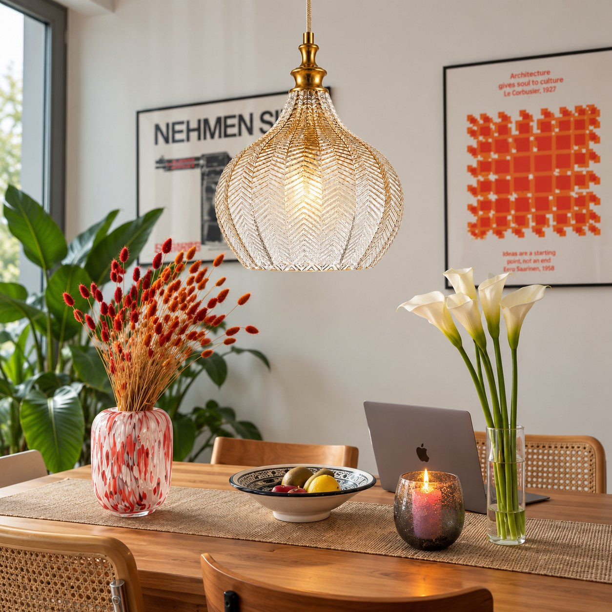 Gildon wide glass pendant styled over a dining table