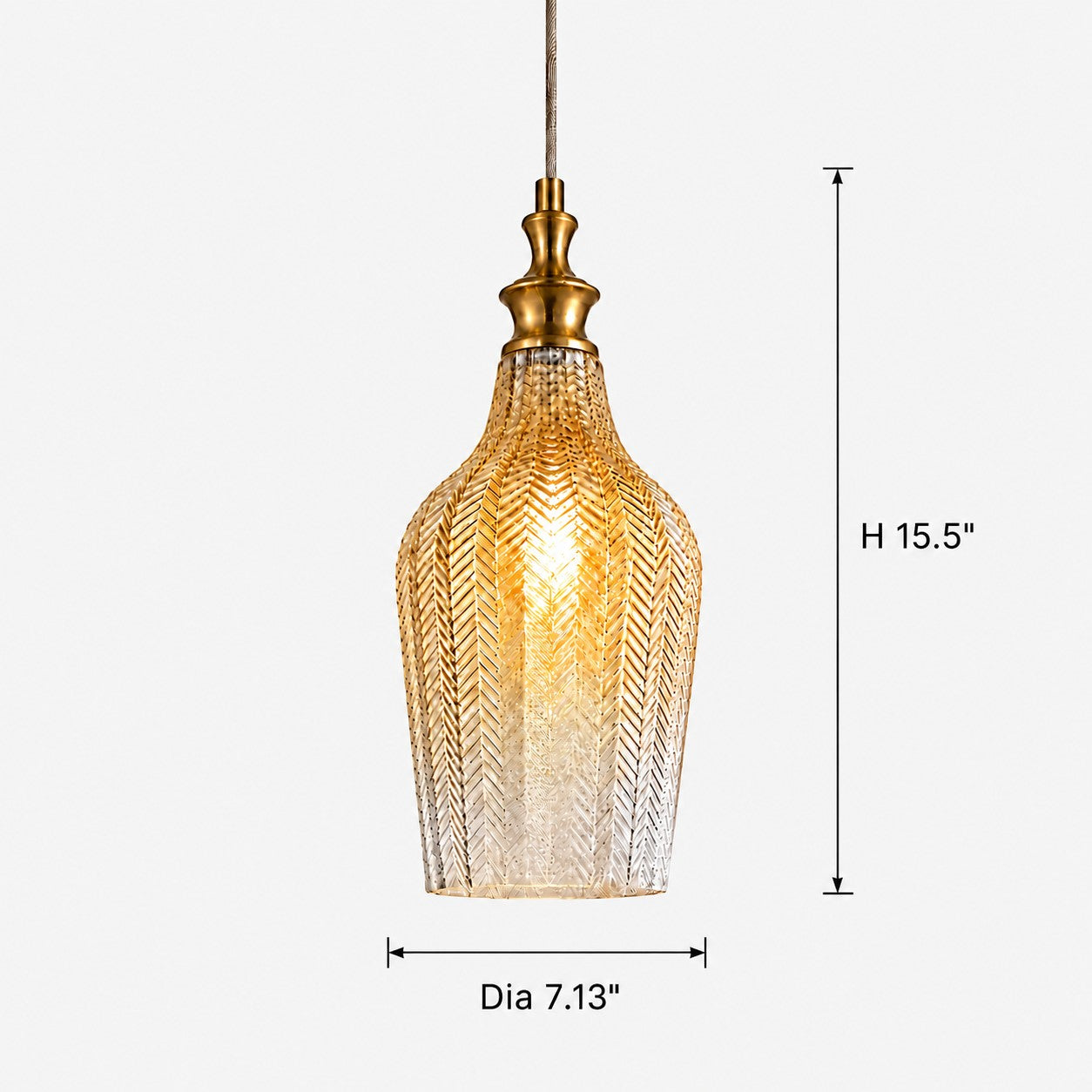 Gildon textured glass pendant dimensions, 7.13 inches diameter by 15.5 inches high