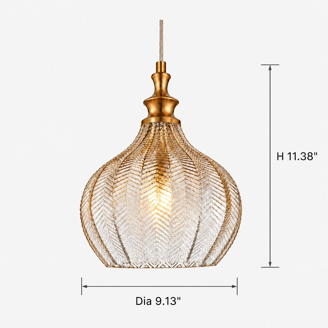 Gildon textured glass pendant dimensions, 9.13 inches diameter by 11.38 inches high