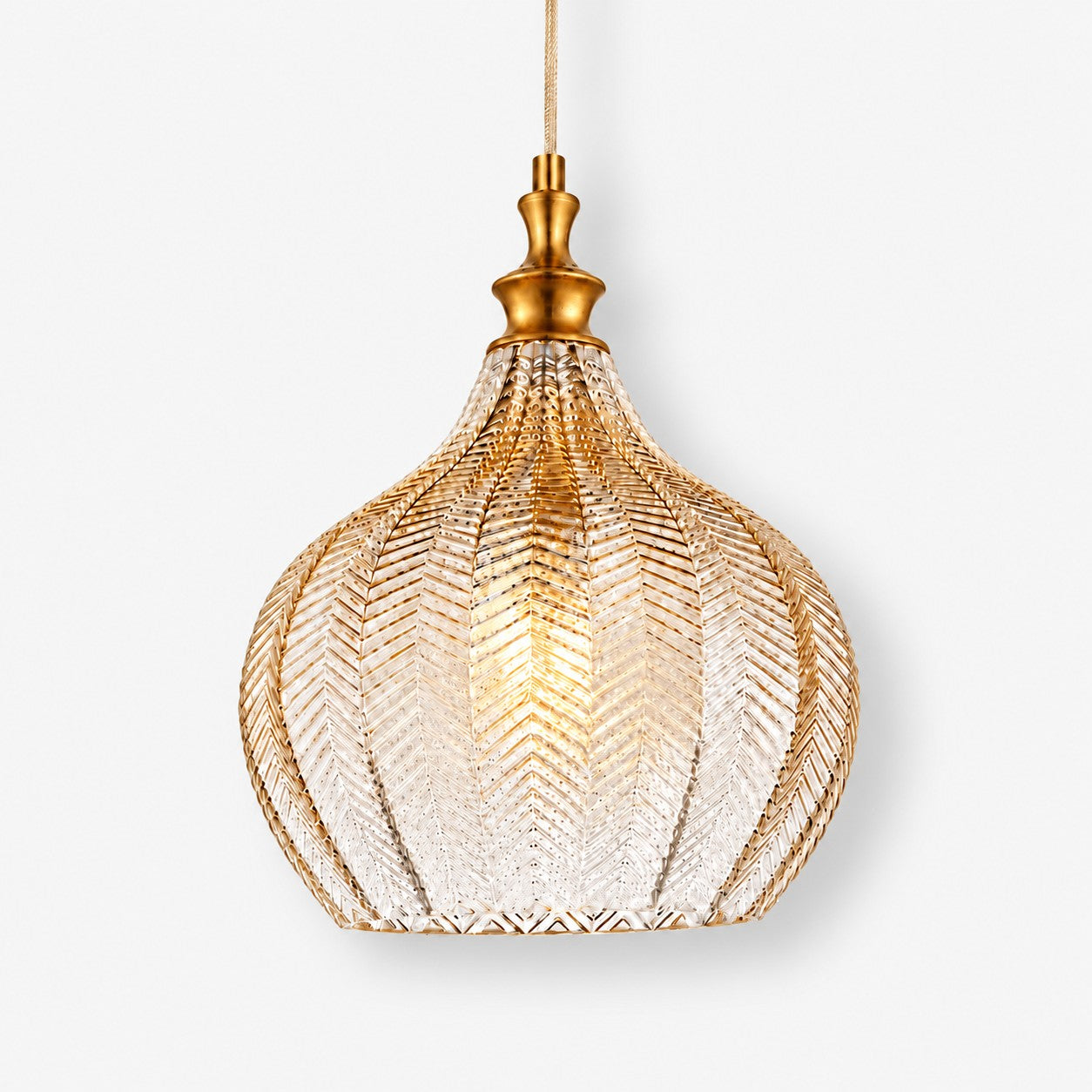 Gildon textured glass pendant, Dia 9.13 inches, aged gold brass