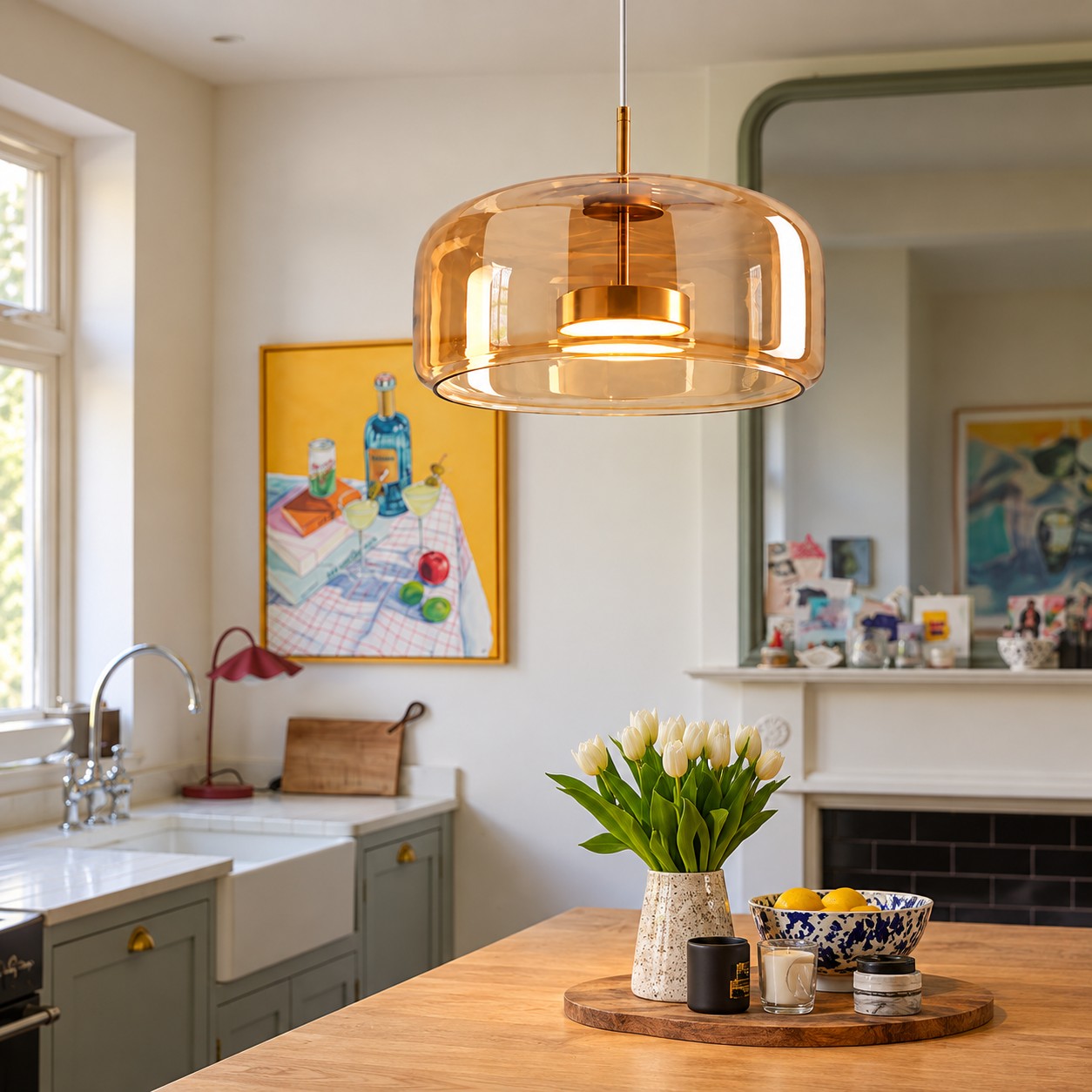 Iridora gold amber pendant over a kitchen island
