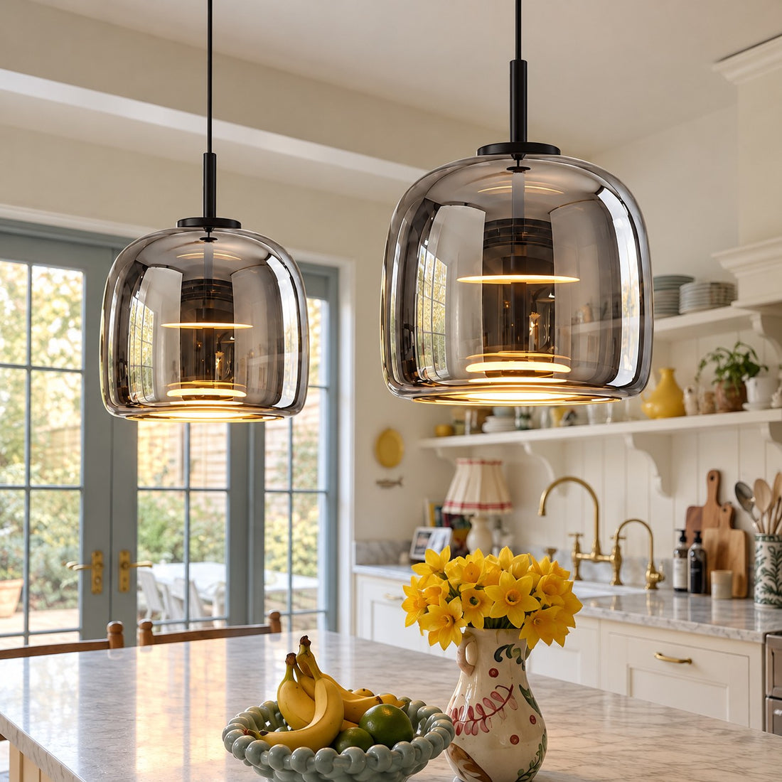 Iridora gold amber pendant in a living room