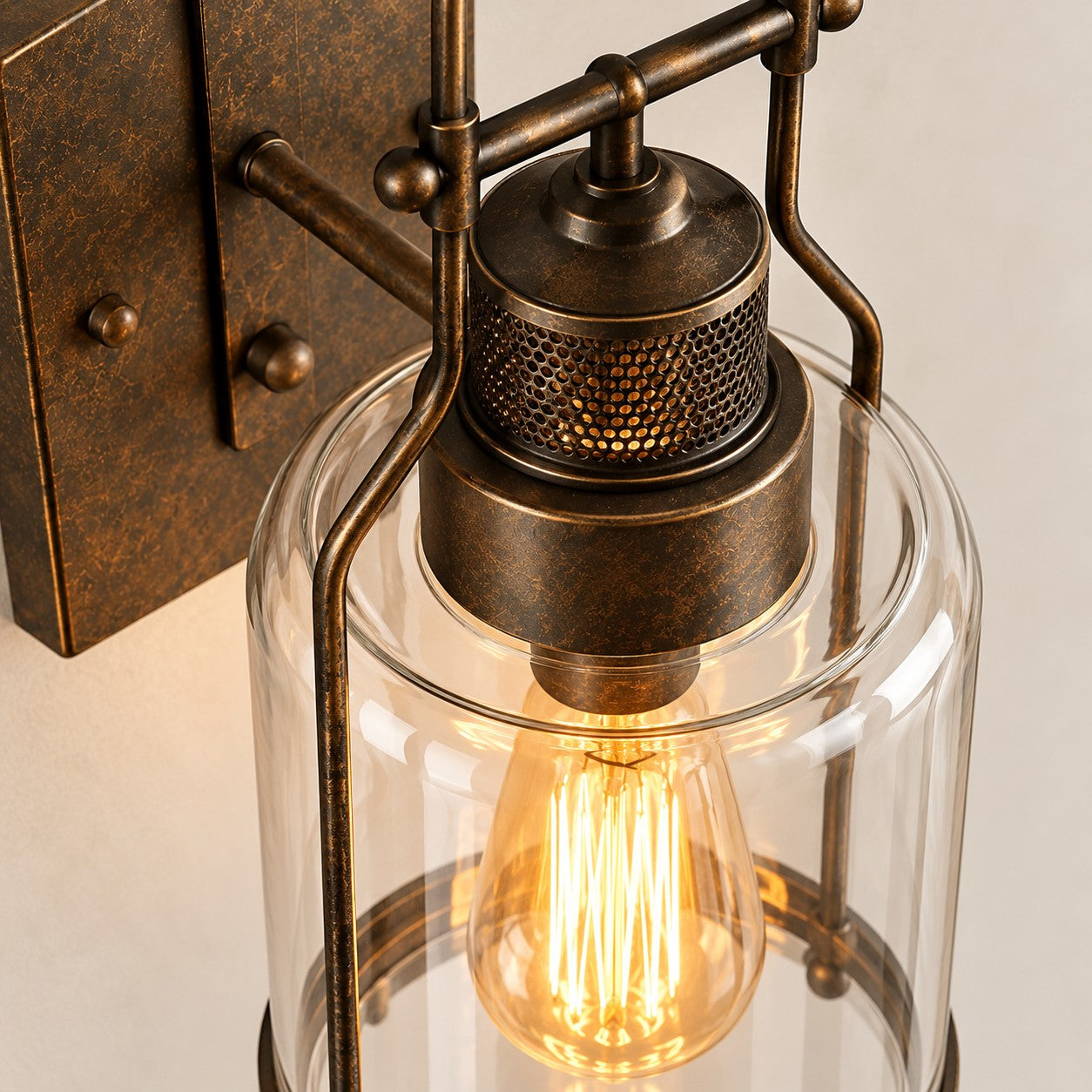 Close-up of the bulb socket inside the glass shade