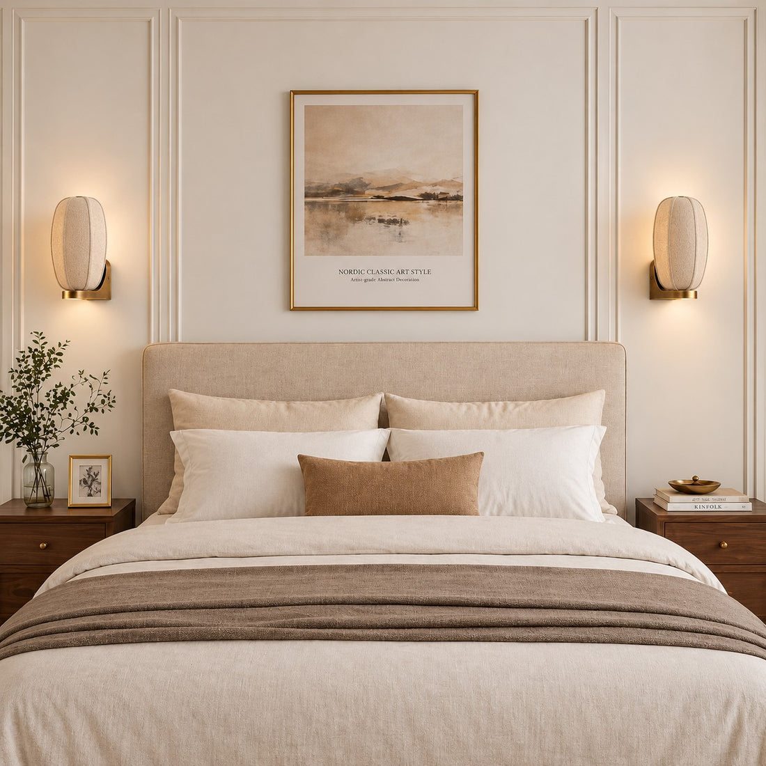 Loomis oval wall sconces flanking a bedroom bed