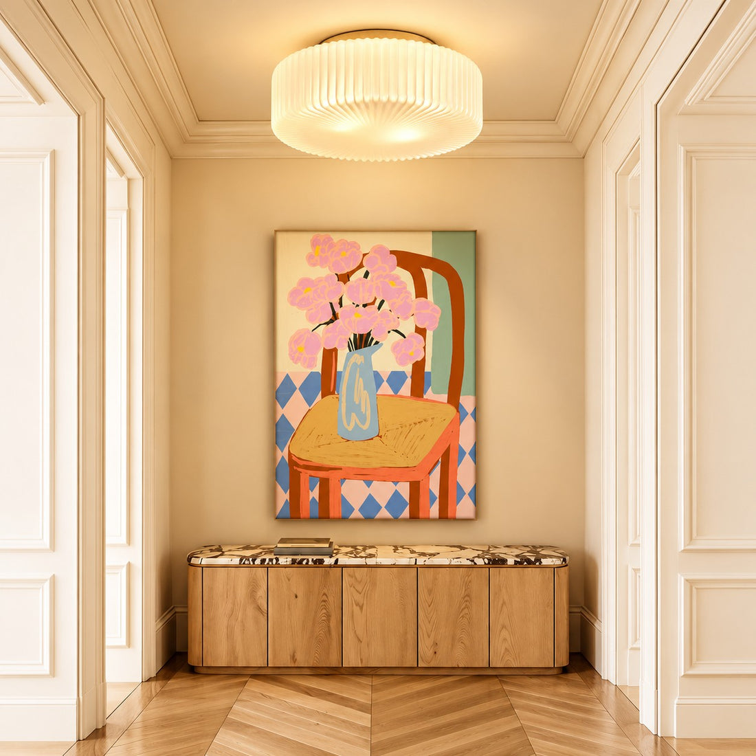 Ceiling lamp styled in a bedroom above the nightstands