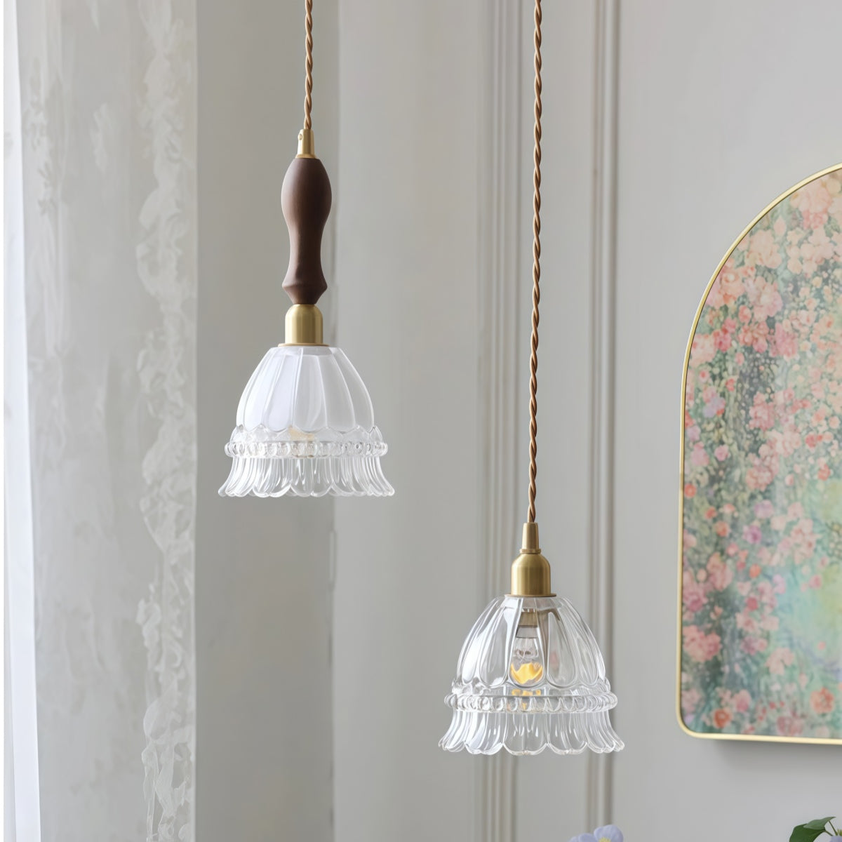 Jellyfish Flower Glass Pendant Light – Walnut & Antique Brass Style