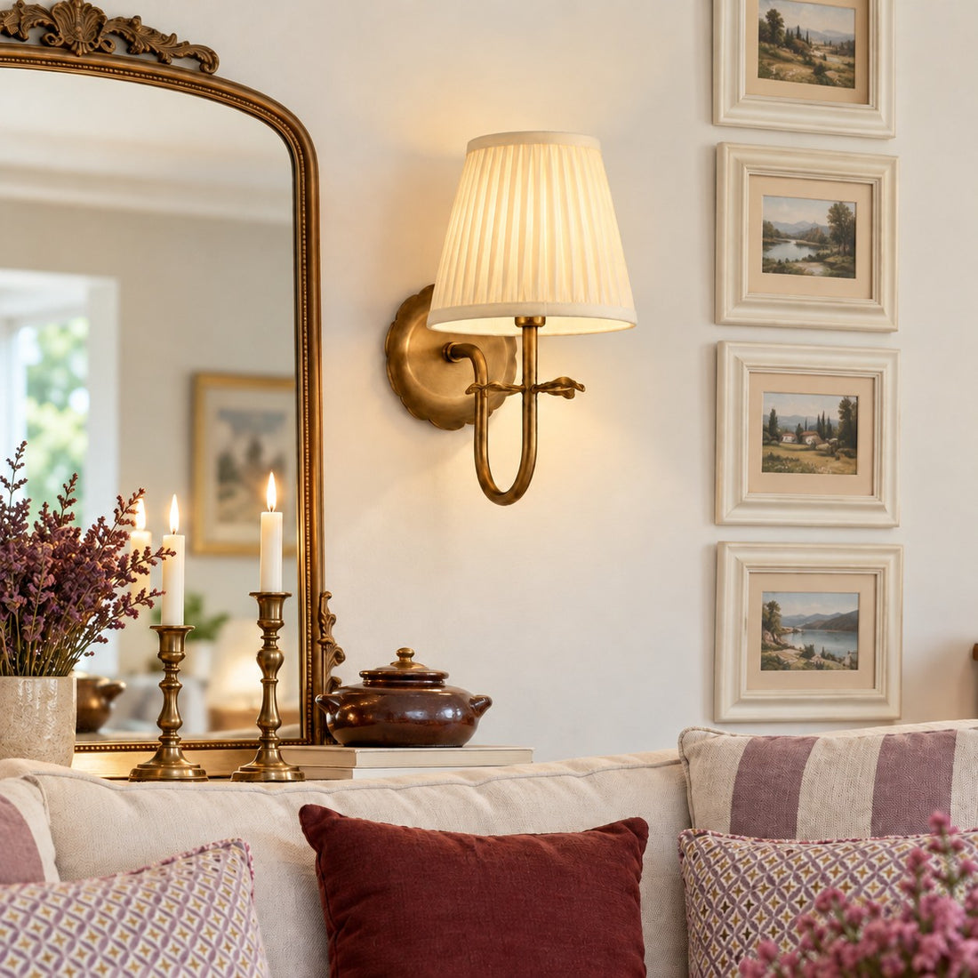 Luvora wall sconce styled above a sofa and mirror
