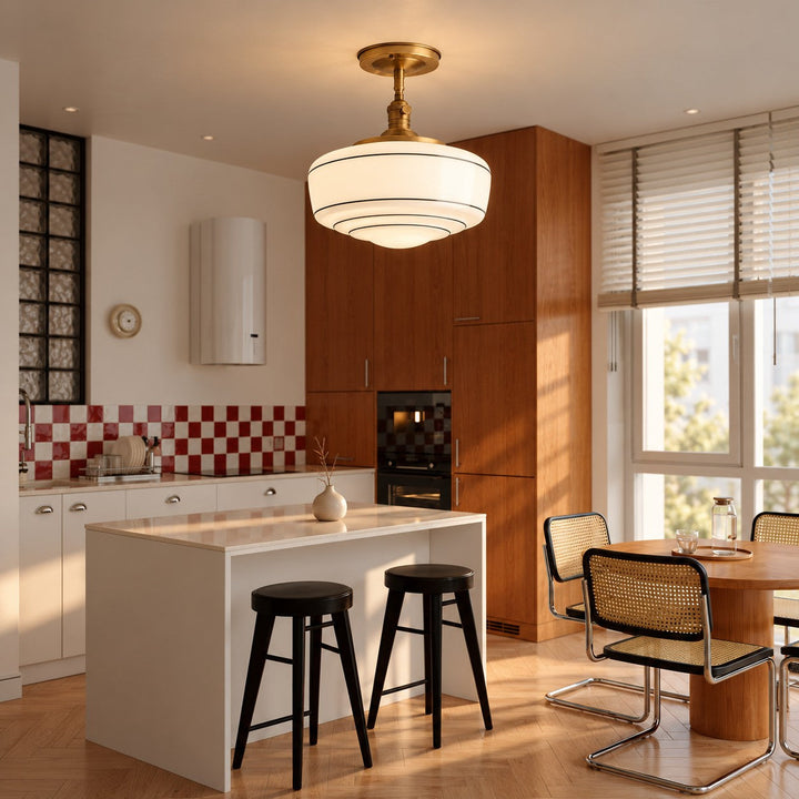 Ceiling lamp styled in a kitchen with an island and dining table